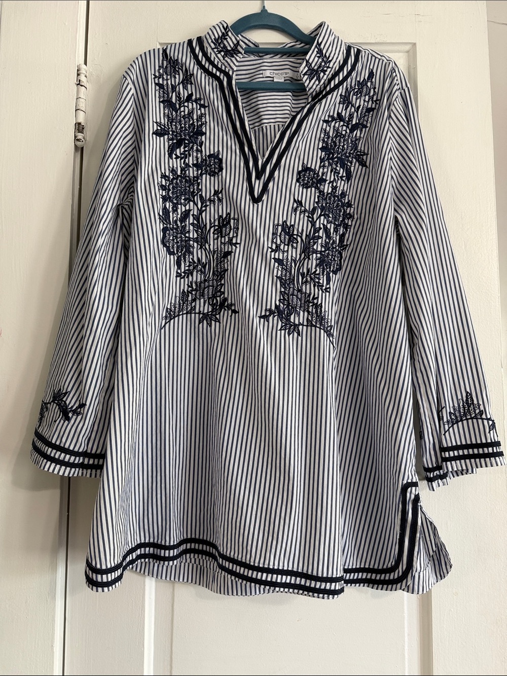 Chico's Navy & White Striped Embroidered Tunic